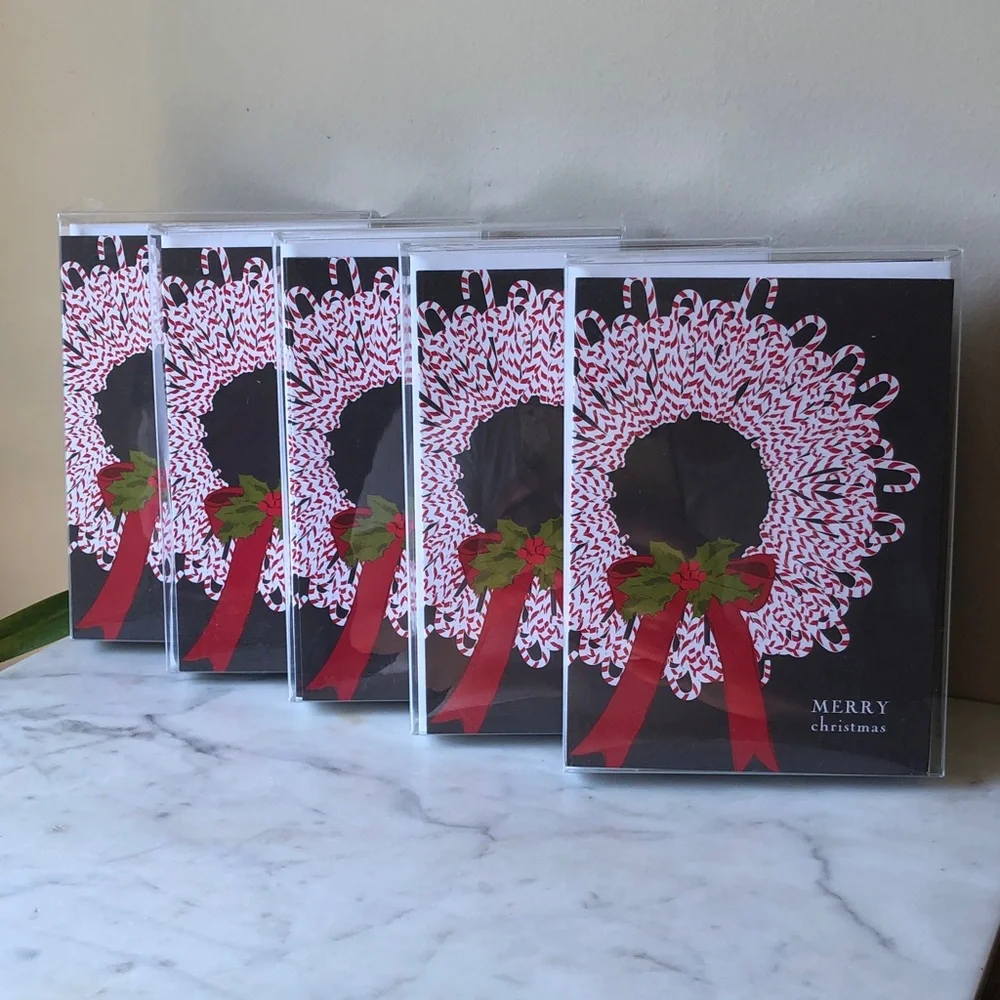 Holiday Wreath Christmas Cards - Red & White (Set of 5)